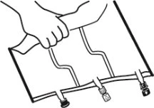 A hand holding a medical device with three flexible tubes connected to a horizontal base with three small terminal connectors