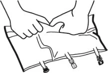 Two hands holding and opening a plastic bag with three small holes or closures at the bottom to extract the contents