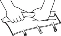 Two hands pulling forcefully on the ends of a strip of fabric or a flat, rectangular medical device with three small hooks underneath
