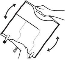 Technical drawing showing two hands holding and tilting a rectangular container with curved arrows indicating an oscillating motion
