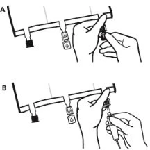 Two-stage technical drawing showing hands manipulating a medical device with a vial and a syringe for drug preparation