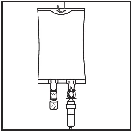 Disegno lineare di una sacca per infusione con due tubicini collegati alla base dotati di valvole e connettori per il passaggio di liquidi