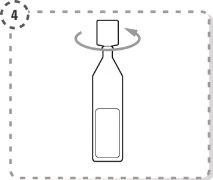 Technical diagram of a vial with a curved arrow indicating the rotational movement of the cap
