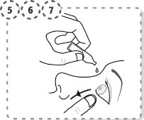 Technical drawing showing a hand using a dropper to release a drop of liquid into a person's nose, with a black arrow