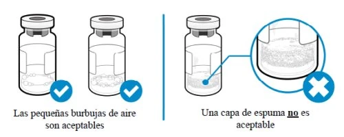 Due flaconi con piccole bolle d'aria accettabili e un flacone con uno strato di schiuma sul fondo contrassegnato da una croce blu di errore
