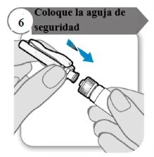 Due mani che inseriscono un dispositivo di sicurezza con una freccia blu che indica il movimento di aggancio su un flacone cilindrico