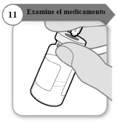 Una mano tiene un flacon di medicinale per esaminarlo con la scritta Examine el medicamento in un riquadro grigio in alto