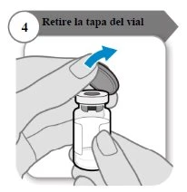 Due mani tengono un flaconcino di vetro mentre una mano solleva il tappo superiore indicato da una freccia blu e dalla scritta in italiano
