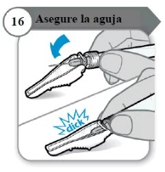 Mani che impugnano una penna iniettiva per fissare l'ago con un movimento verso il basso fino a sentire un clic meccanico
