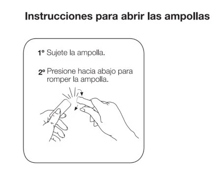 Istruzioni in spagnolo con disegno di due mani che tengono e premono verso il basso un'ampolla di vetro per romperla