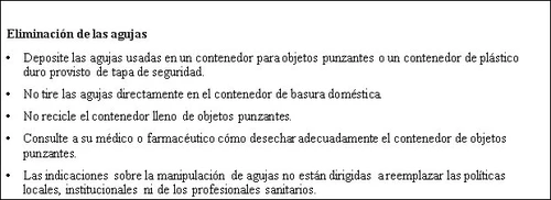 Testo in spagnolo su sfondo bianco che fornisce istruzioni per lo smaltimento sicuro degli aghi usati in contenitori per oggetti pungenti