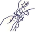 Disegno lineare che mostra due mani che stringono e applicano pressione su un piccolo oggetto cilindrico tra le dita con frecce che indicano il movimento