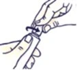 Disegno lineare di due mani che ruotano un tappo o un componente cilindrico di un dispositivo medico seguendo una freccia curva