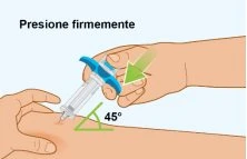 Illustrazione che mostra una mano che preme con forza un dispositivo medico sulla pelle del braccio inclinato a 45 gradi con una freccia verde