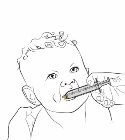 Disegno a linee nere di un neonato che riceve una somministrazione di farmaco liquido tramite una siringa senza ago nella bocca