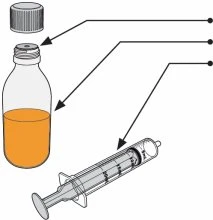 Diagramma medico con un flaconcino di vetro contenente liquido arancione, il suo tappo e una siringa trasparente con stantuffo e graduazioni