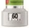 White pharmaceutical vial with a label displaying the number 60 in black on a light background and a green and red cap