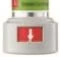 White vial with a green and red label featuring a white arrow pointing downward on a red background