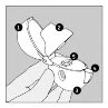 Numbered diagram of a medical device held in hand, with four distinct parts labeled by numbers 1, 2, 3, and 4