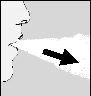 Profile of a human face exhaling a jet of vapor or aerosol to the right, indicated by a horizontal black arrow