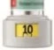 White pharmaceutical vial with a yellow label displaying the number 10 in black and a cap with text on a light green background