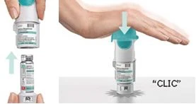 Injection using an auto-injector: a hand lifting the device above a vial and a