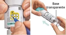 Two hands using a pen to mark a circle on a white medical device and one hand rotating the transparent base of the device