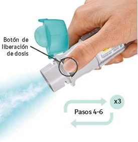 A hand pressing the dose release button on a white and blue medical device emitting a cloud of nebulized powder