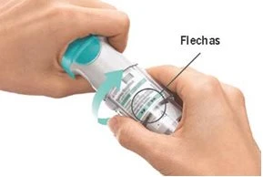 Two hands holding a cylindrical medical device with blue arrows indicating a clockwise rotational movement