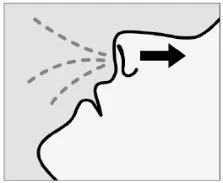 Profilo di un volto umano con linee tratteggiate che indicano l'inalazione di aria attraverso il naso e una freccia nera verso l'interno