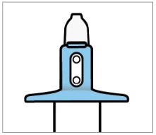 Disegno schematico di un dispositivo medico azzurro con due piccoli fori bianchi ovali e una parte superiore trasparente a forma di calotta