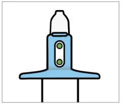 Disegno stilizzato di un flacone medico azzurro con due piccoli cerchi verdi su un fondo bianco con base piatta e due linee verticali nere