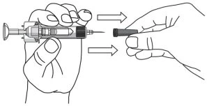 Disegno tecnico che mostra una mano che impugna una siringa carica e un