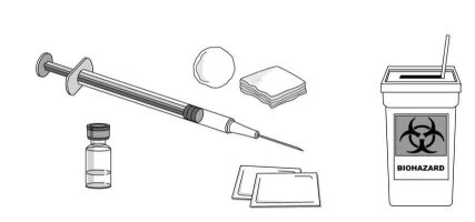 Technical drawing of a syringe with needle, a glass vial, a cotton ball, gauze, and a container for hazardous biological waste