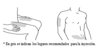 Schematic drawings of a human body indicating in gray the recommended injection sites