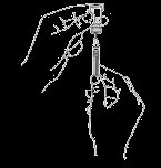 Black and white technical drawing showing a hand holding a syringe to inject medication into a patient
