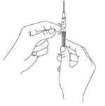 Two hands holding a syringe with the needle pointing upward