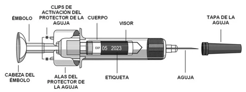 Diagramma tecnico di una siringa con etichette in spagnolo che indicano stantuffo, corpo, visore, etichetta, ago, tappo e clip di attivazione