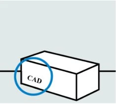 Схематический рисунок белого прямоугольного объекта с надписью CAD, обведённой в синий кружок, с левой стороны, на светло-сером фоне