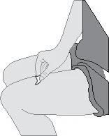 Stylized illustration of a hand holding a syringe inserting it into the upper thigh of a seated person