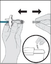 Diagram showing hands moving a medical device horizontally and placing it into a disposal container within a circle at the bottom