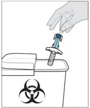 A hand disposing of a used syringe