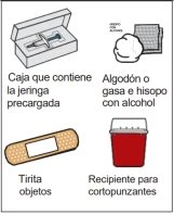 Box containing a pre-filled syringe, cotton or gauze with an alcohol swab, adhesive bandage, and a sharps disposal container