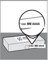 Zoomed-in detail showing the text CAD: MM YYYY printed on the rectangular packaging of a 90 mg medication