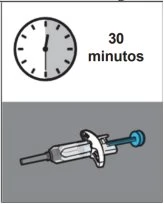 Analog clock showing 30 minutes and a syringe with needle and blue cap on a gray and white background
