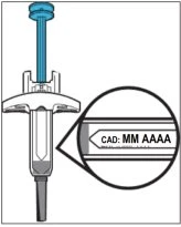 Diagram of a syringe with a circular magnifier showing the expiry date detail labeled as CAD MM YYYY