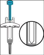 Diagram of a syringe with a blue plunger and a circular magnifier showing the tip detail