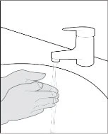 Line drawing of two hands being washed under a stream of water