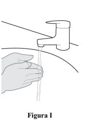 Disegno in bianco e nero di due mani che si lavano sotto un getto d'acqua che esce da un rubinetto aperto
