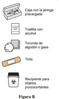 Disegno di una scatola con siringa precargata, salvietta imbevuta di alcol, batuffolo di cotone, cerotto e contenitore per oggetti taglienti